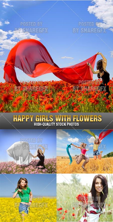 Stock Photo - Happy Girls with Flowers