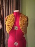 Mustard Bolero w/Brown Accent L/XL-Here are some more of the items I hope to consign that I am taking to show Tues (don't mind the tails pls, not done yet)  FINALLY all my patterns stopped fighting me and fell into place! laaaaaaaaaaaaaaaa :)