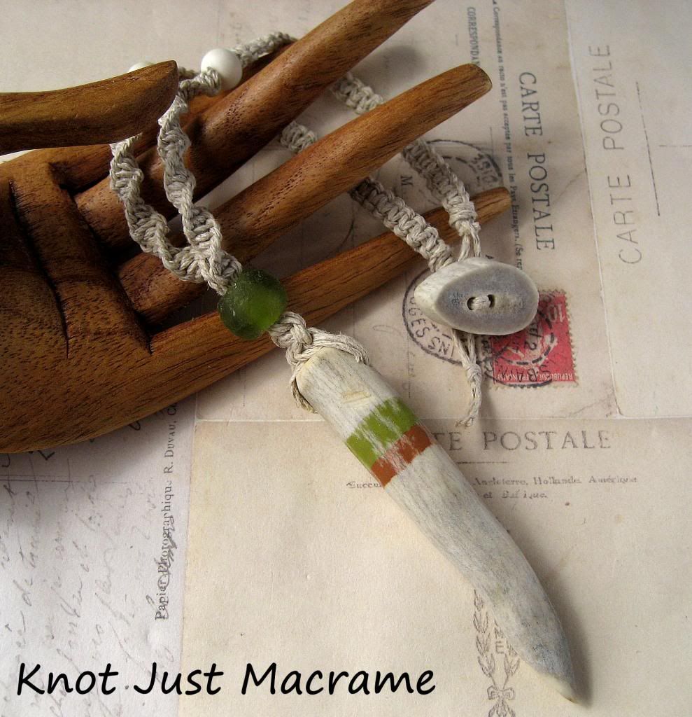 Knotted hemp macrame necklace by Knot Just Macrame with antler pendant and button 