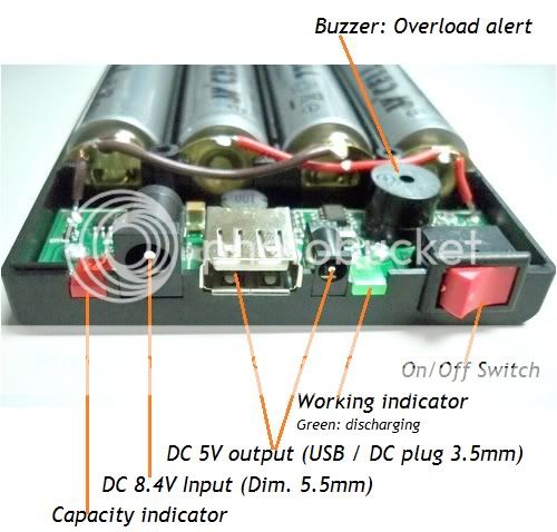 Mobile Power Box 5V 2A + 4x 18650 battery + DC Adapter  