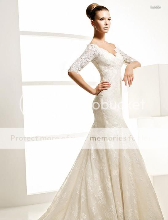   Vintage Custom Bridal Wedding Dress Gown V Neck 1 2 Sleeve Lace